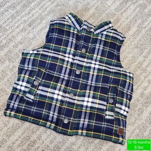 JANIE and JACK toddler plaid flannel puffer vest blue green size 12-18 months